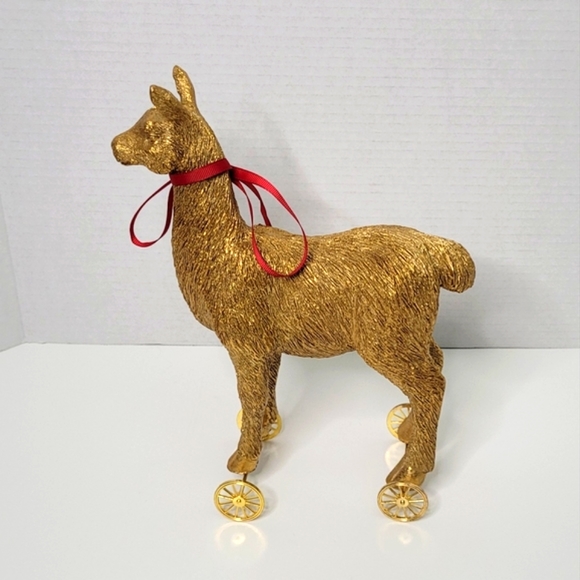 Unique Golden Llama on Wheels Statue with Detachable Red Bow - Picture 4 of 7